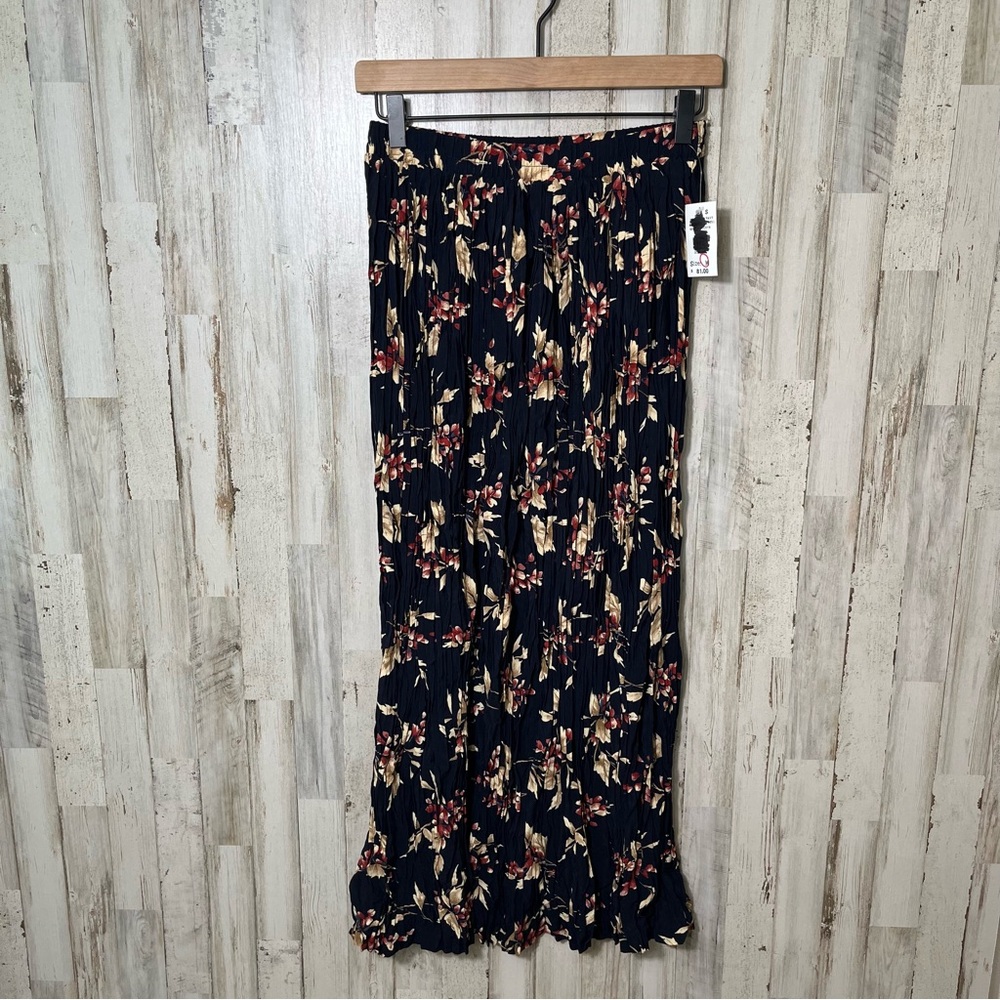 Vintage 90s Deadstock Floral Navy Blue‎ Midi Skirt Ruched USA Womens Medium